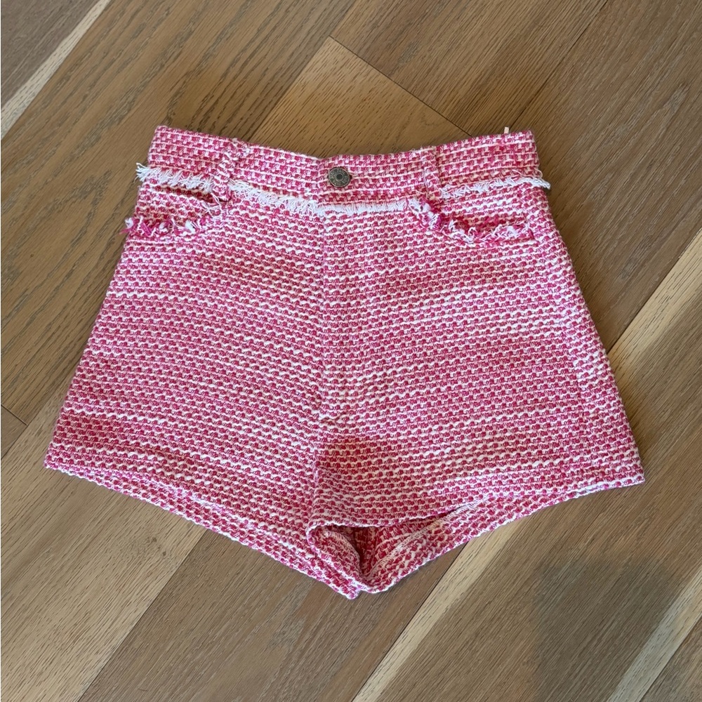 Zara preppy pink & white high waisted boucle tweed style shorts - XS